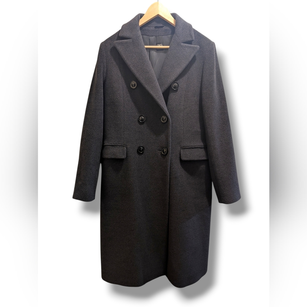 Cinzia Rocca Button Front Charcoal Grey Italian 100% Virgin Wool Long Coat- 14